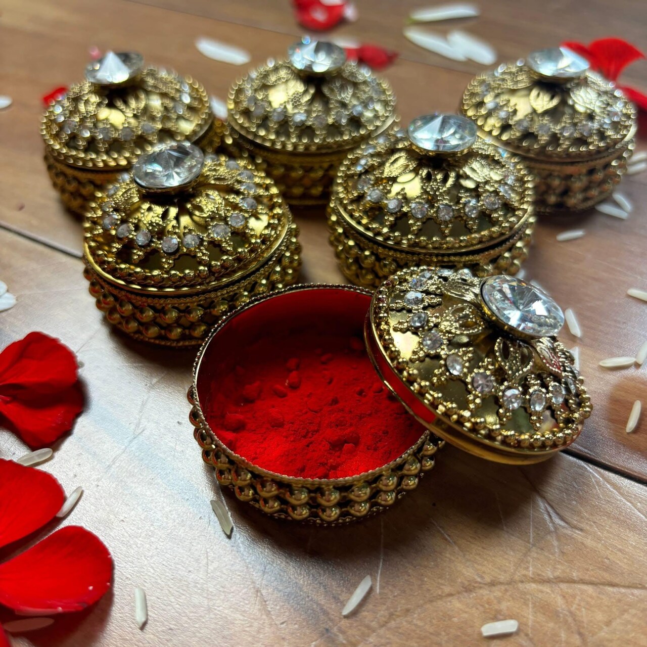 Golden Metallic Kumkum Holder Decorative Sindoor Roli Chandan Dabbi Designer Jewelry Box Indian Pooja Housewarming Gift Wedding Favor Gift for Her